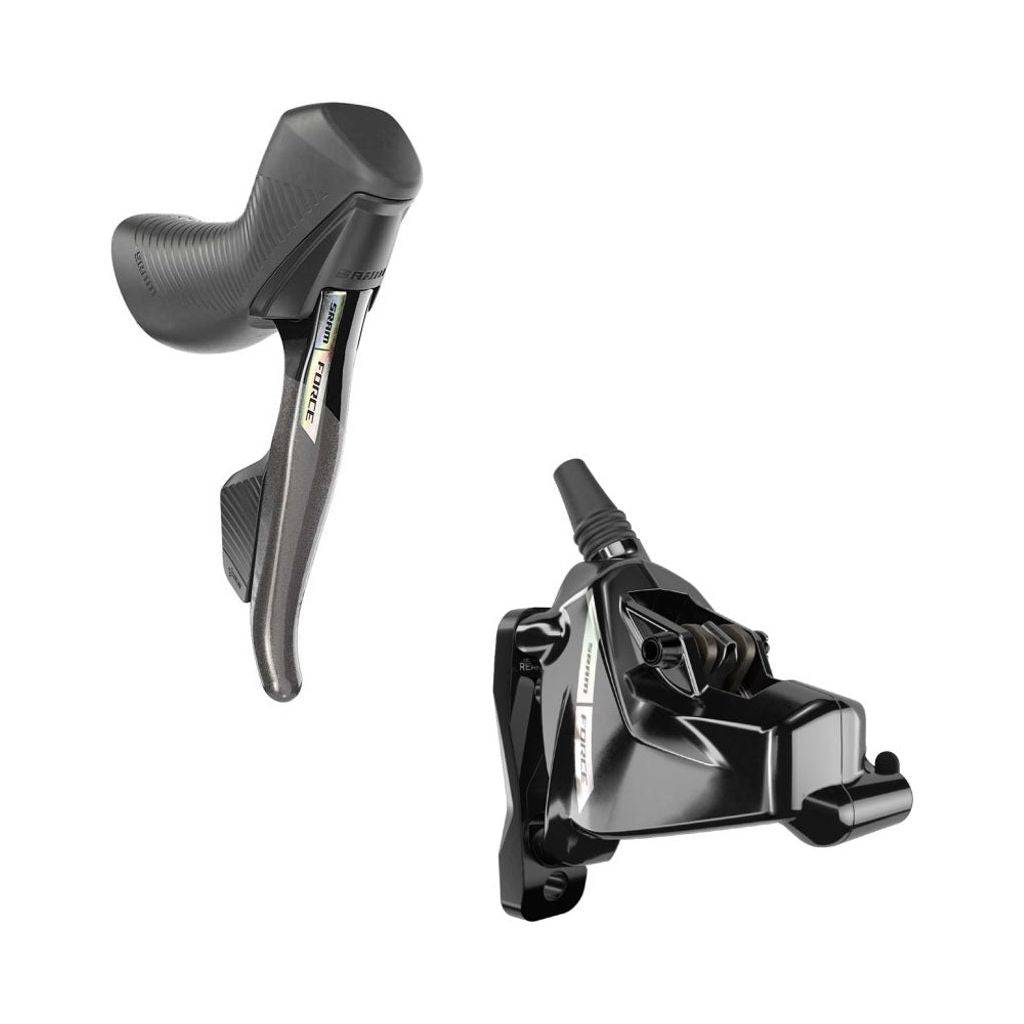 Sram Force AXS D2 12V hydraulische shifters met flat mount en carbon frame in unicorn grey, geschikt voor 12-speed racefiets.