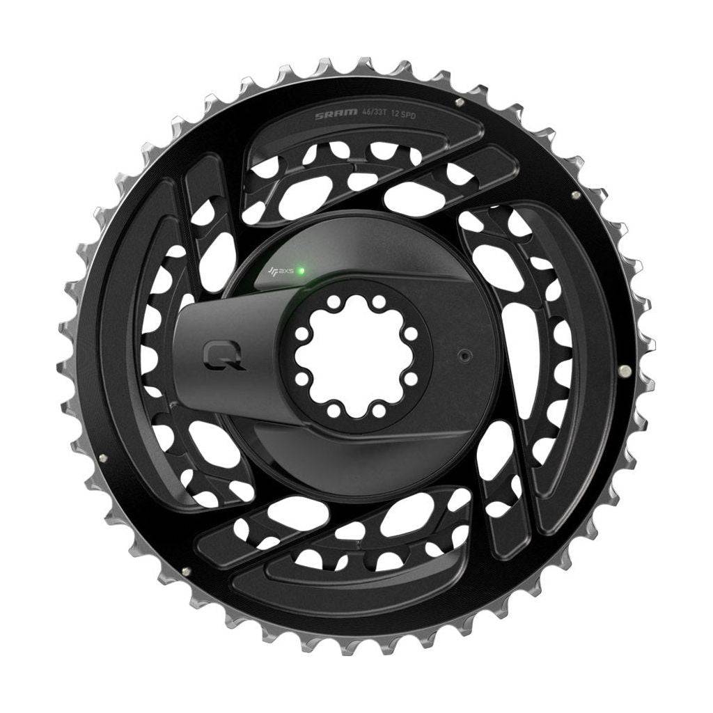 Zwarte Sram Powermeter 12V DM aluminium voor racefietsen, toont het display en de meeteenheid op de fiets.
