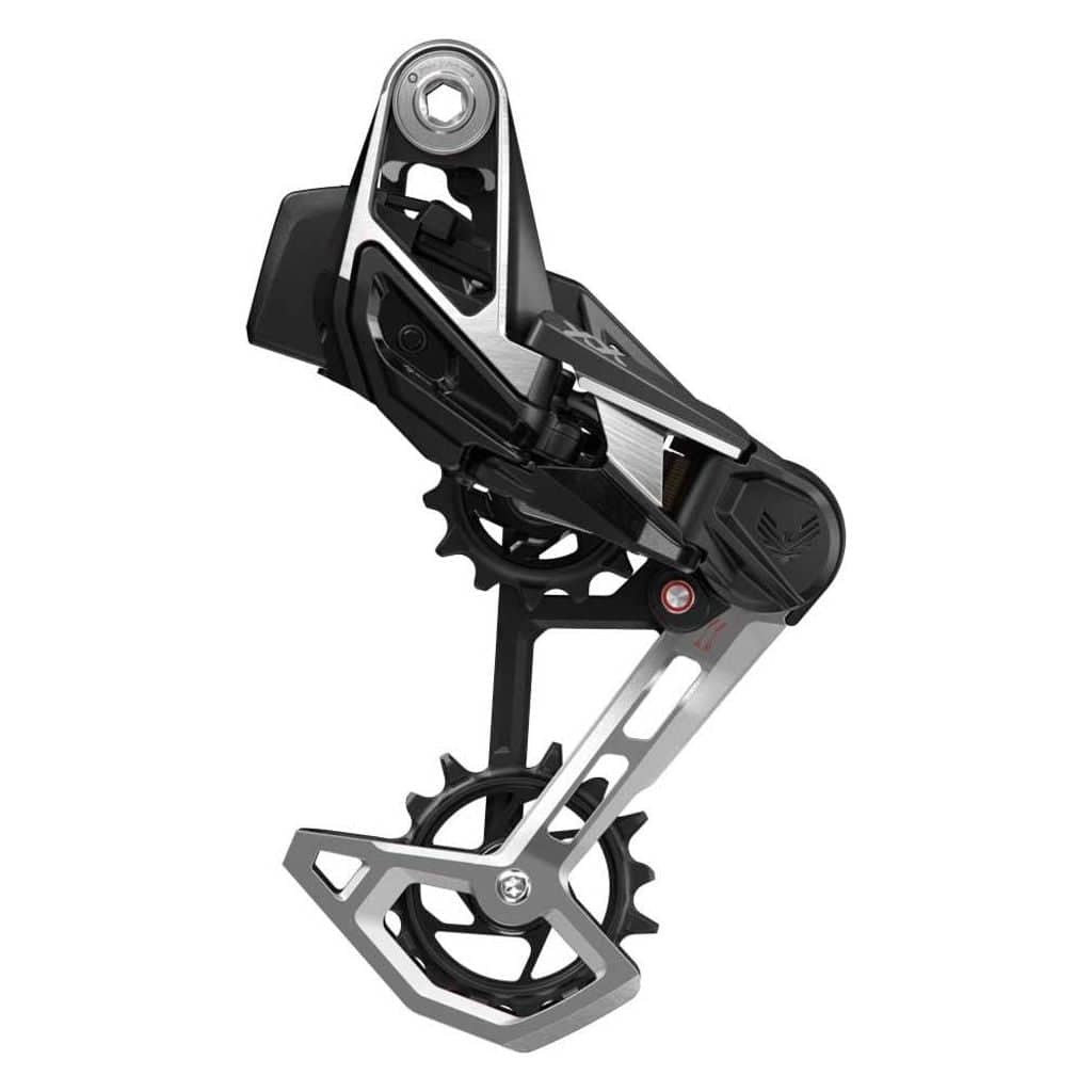 Sram Xx Eagle T Axs B1 achterderailleur, 12V aluminium zilver, zichtbaar met kabel en montagemogelijkheden.