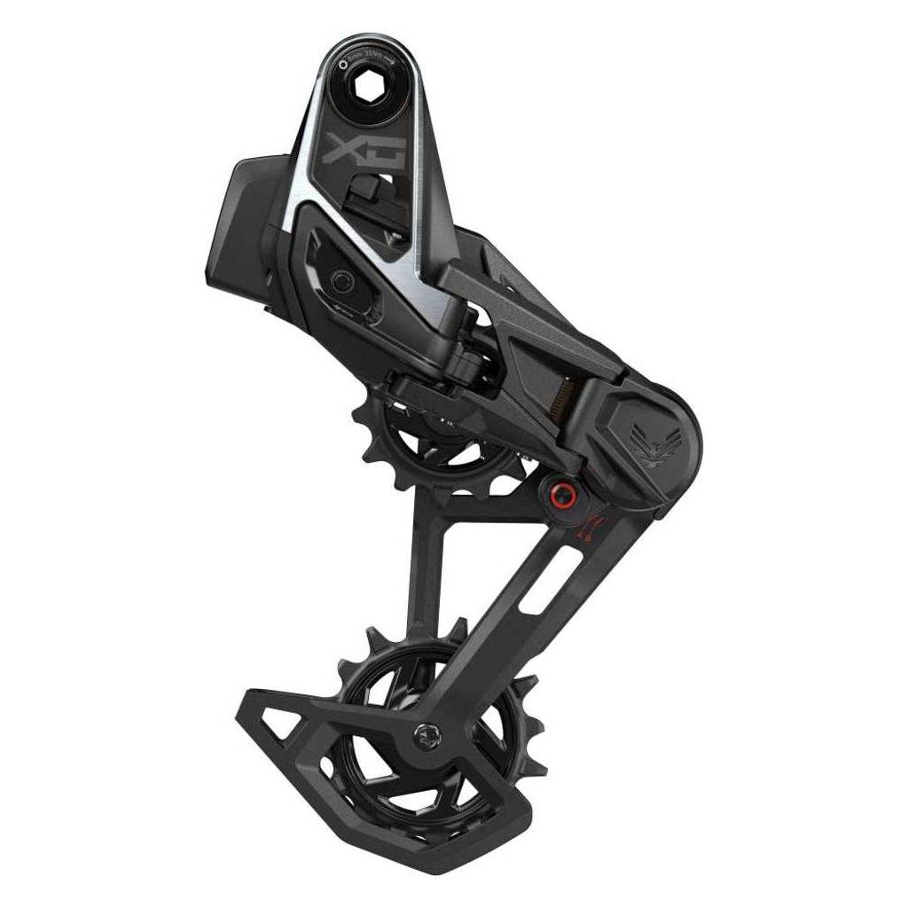 Zwarte Sram X0 Eagle T Axs B1 12V achterderailleur voor mountainbikes, zichtbaar op fietsframe