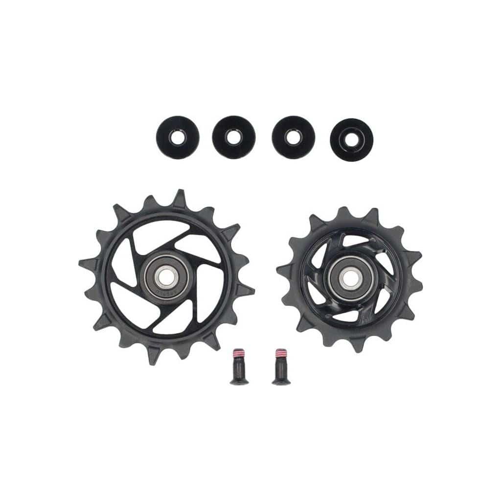 Sram Derailleurwieltjes GX/Xx/X0 Eagle AXS 12V, close-up van de derailleurwieltjes op een fietscomponent.
