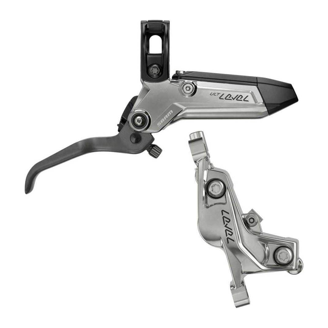 Zwarte en zilveren Sram Rem Level Ultimate C1 Db 4P Cb MTB schijfremmen voor mountainbikes, gedetailleerde close-up.