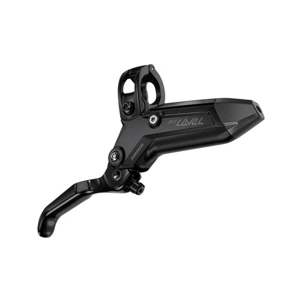 Zwarte SRAM Rem Level Silver C1 DB 4P MTB schijfrem met remblokken en remhendel, geschikt voor mountainbikes.