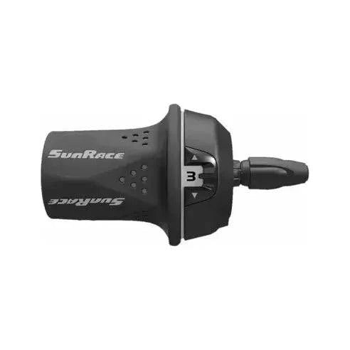 Sunrace shifter TSM21 3-speed, mechanische derailleur voor fiets, zichtbaar met aandrijfwiel en bediening.