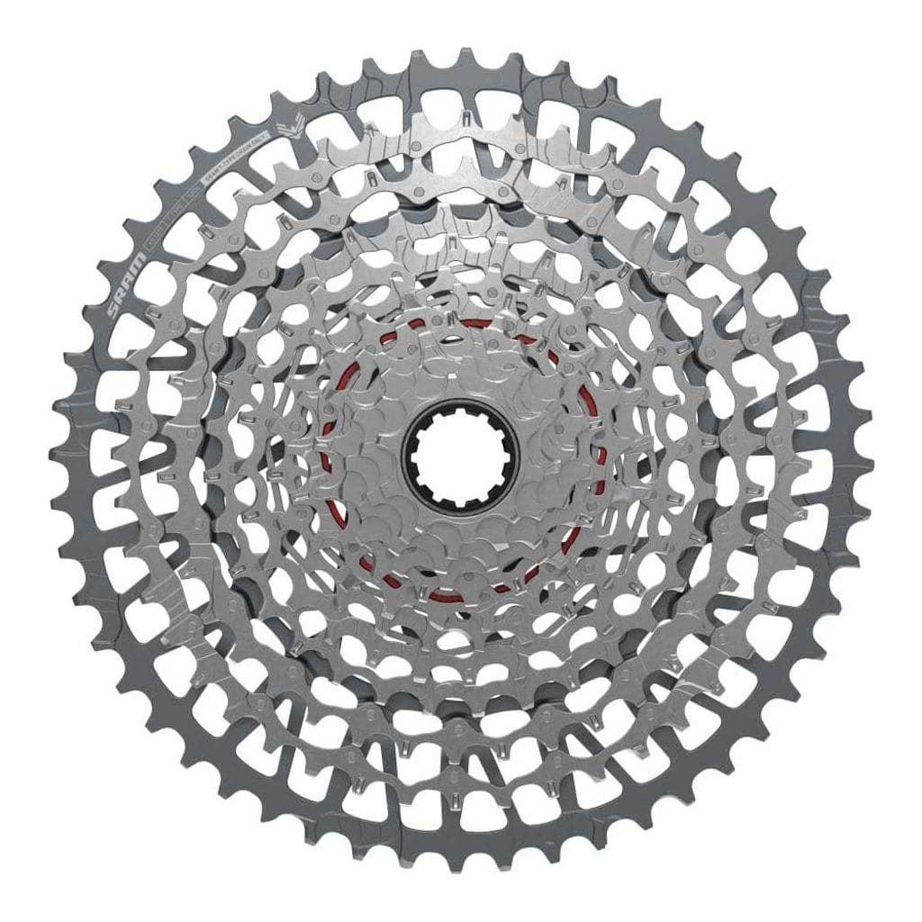 Sram 12-speed cassette XS1275 T A1 10-52 zilver voor mountainbikes, zichtbaar van voren met cijfers op de tanden