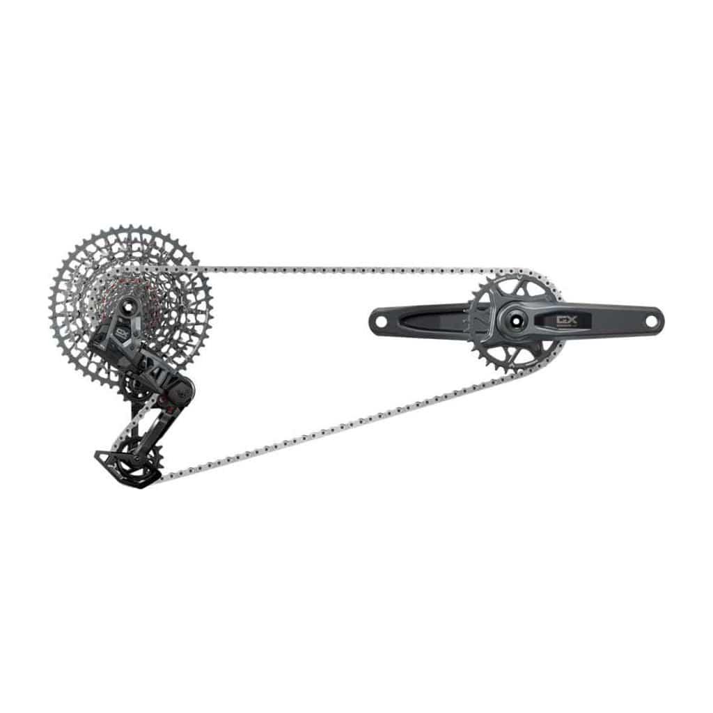 Sram GX Eagle T AXS D1 groepset met 12V direct mount, 175mm crank, 32T kettingblad en 10-52T cassette op fiets