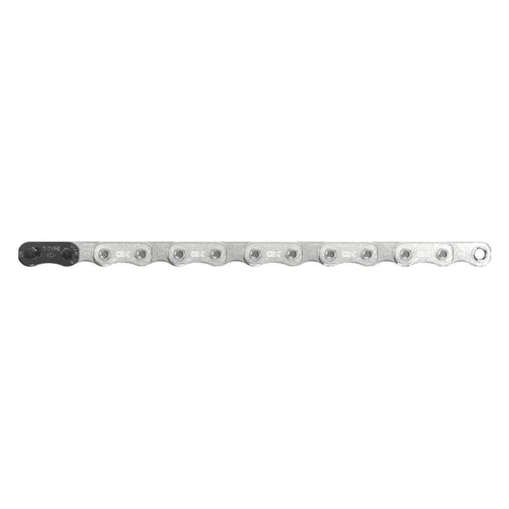 Zilveren Sram XG T A1 12V ketting met 126 schakels voor 12-speed fiets, solide pin, gedetailleerd zichtbaar in de afbeelding.