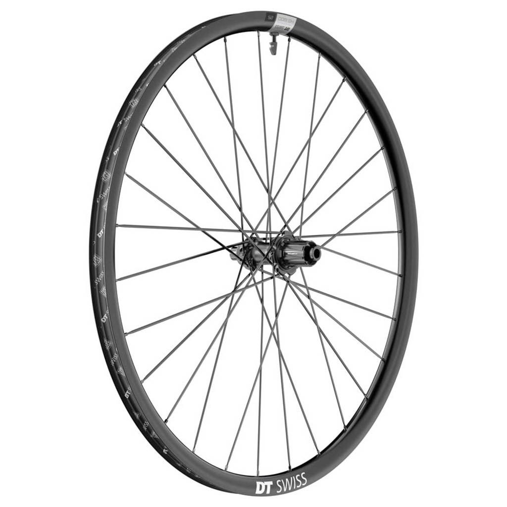 Zwart 28-inch DT Swiss HG1800 Spline 25 gravel achterwiel met aluminium velg en schijfrem, geschikt voor 10/11V Shimano aandrijving.