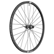 Zwart 28-inch DT Swiss HG1800 Spline 25 gravel achterwiel met aluminium velg en schijfrem, geschikt voor 10/11V Shimano aandrijving.