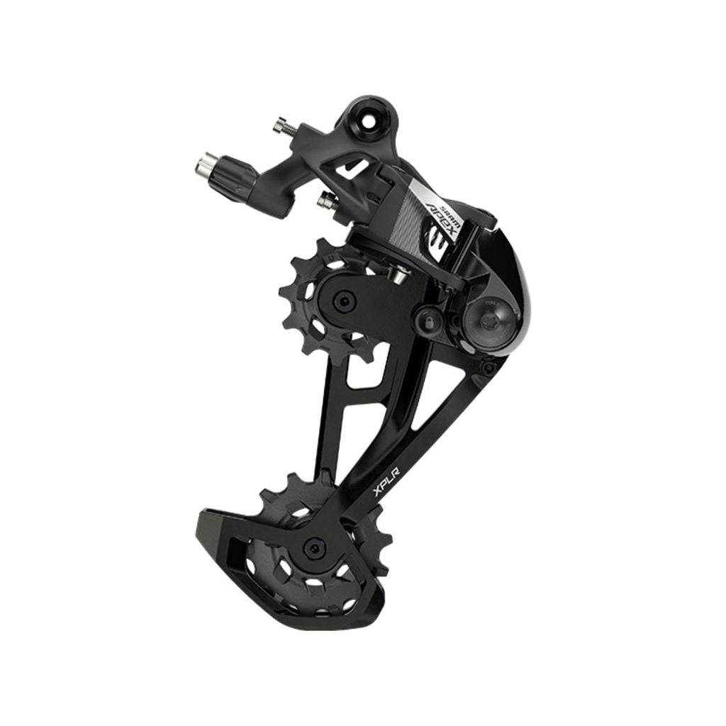 Zwarte Sram Apex Xplr D1 12V achterderailleur met 44T tandwiel voor gravelbike, zichtbaar met kabelaansluiting.