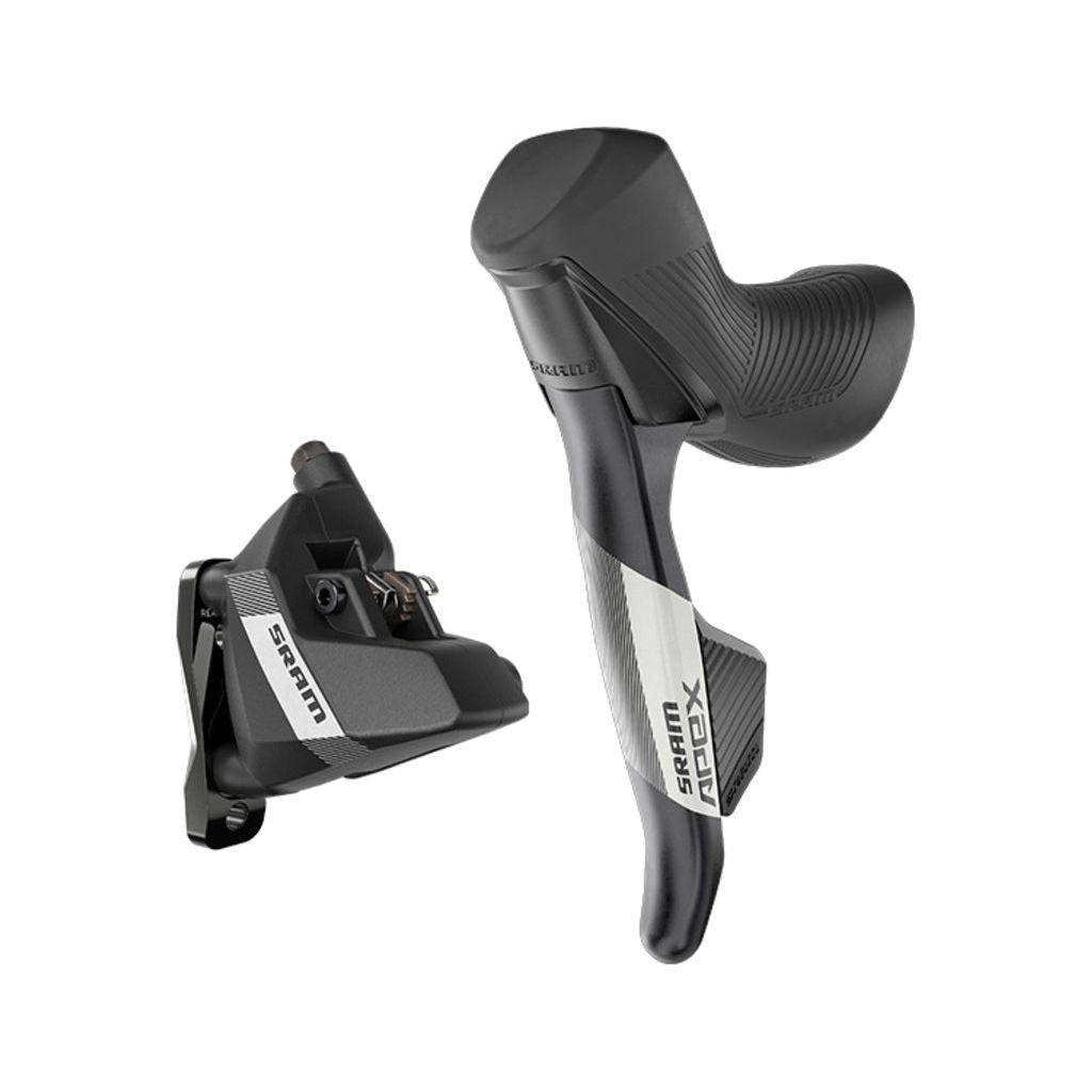 Zwarte Sram Apex AXS D1 12V hydraulische schakelhendels voor disc en flat mount, geschikt voor 12-speed mountainbikes.