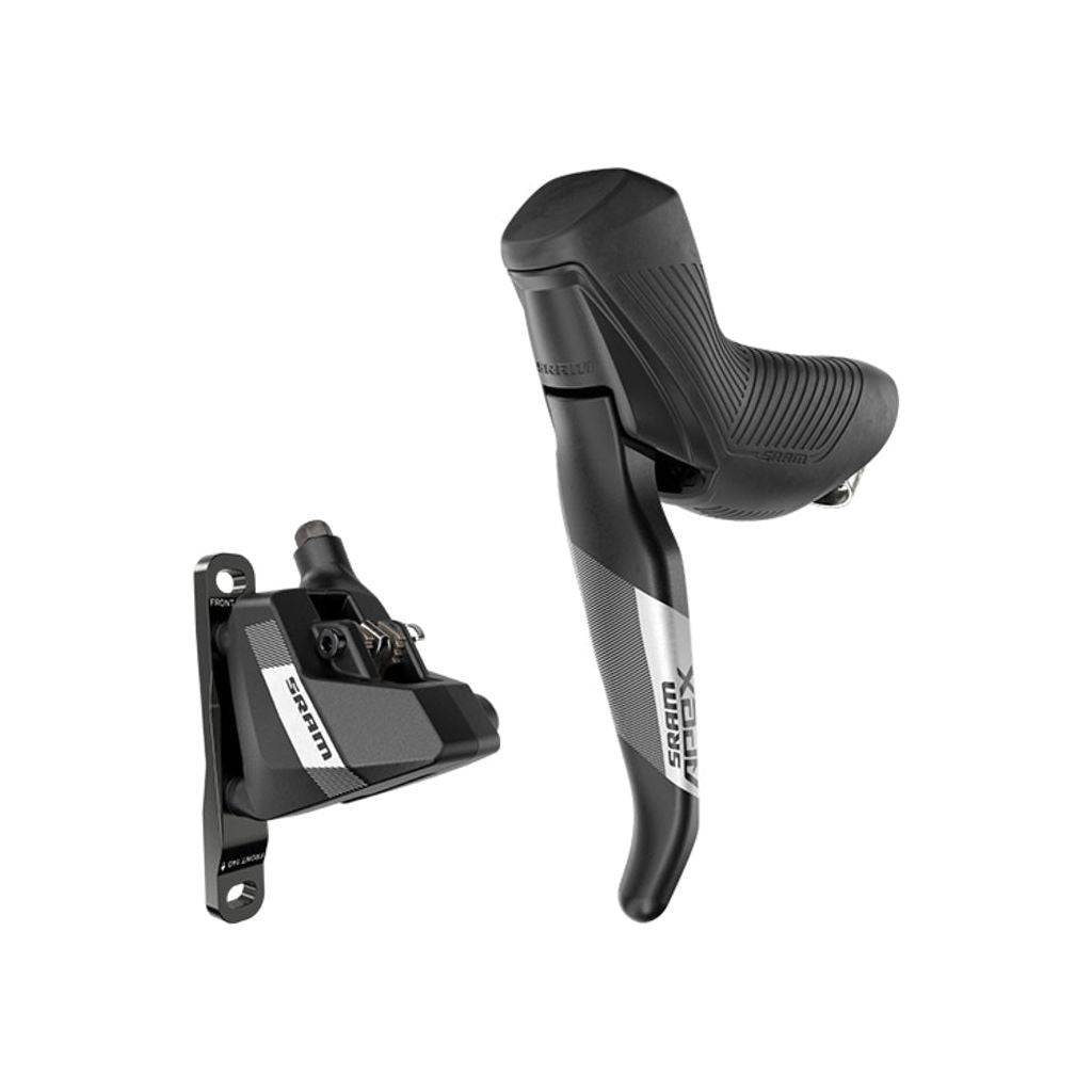 Zwart Sram Rem Apex D1 L Alm Db Fm remsysteem voor racefietsen, met schakelkabels en remhendels.