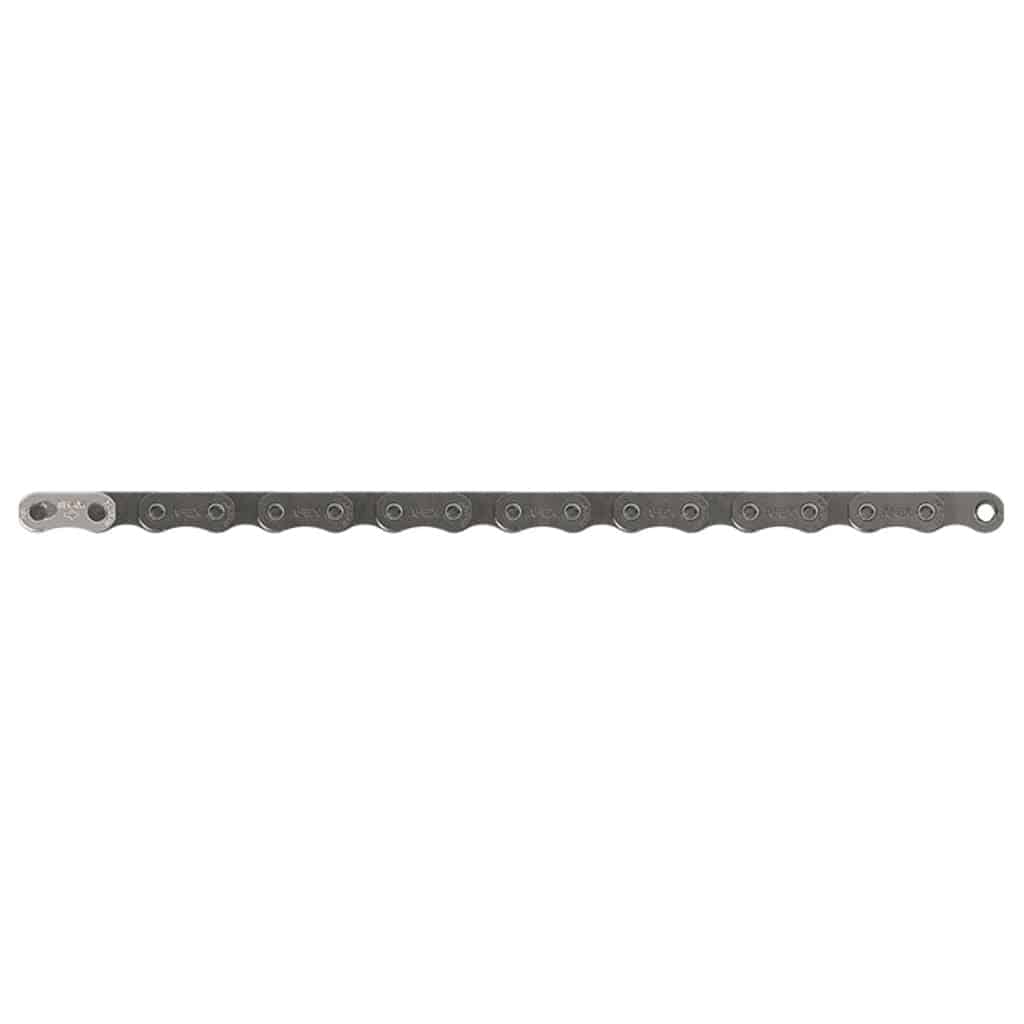Zilverkleurige Sram Apex D1 12-speed ketting met 11/128 flat top en SolidPin, geschikt voor racefietsen.