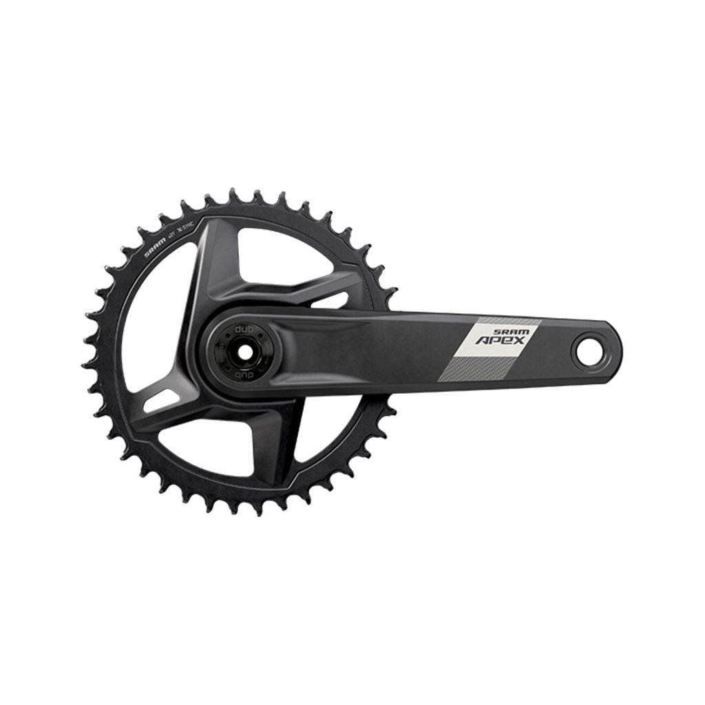 Zwart Sram Apex1 Wide D1 Dub gravel crankstel met 12V 40T kettingblad, zichtbaar op de afbeelding