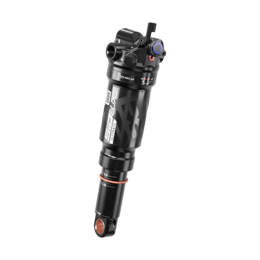Zwarte RockShox Sidluxe Ultimate O3 R 210x50 schokbreker met veer en demping voor mountainbikes.