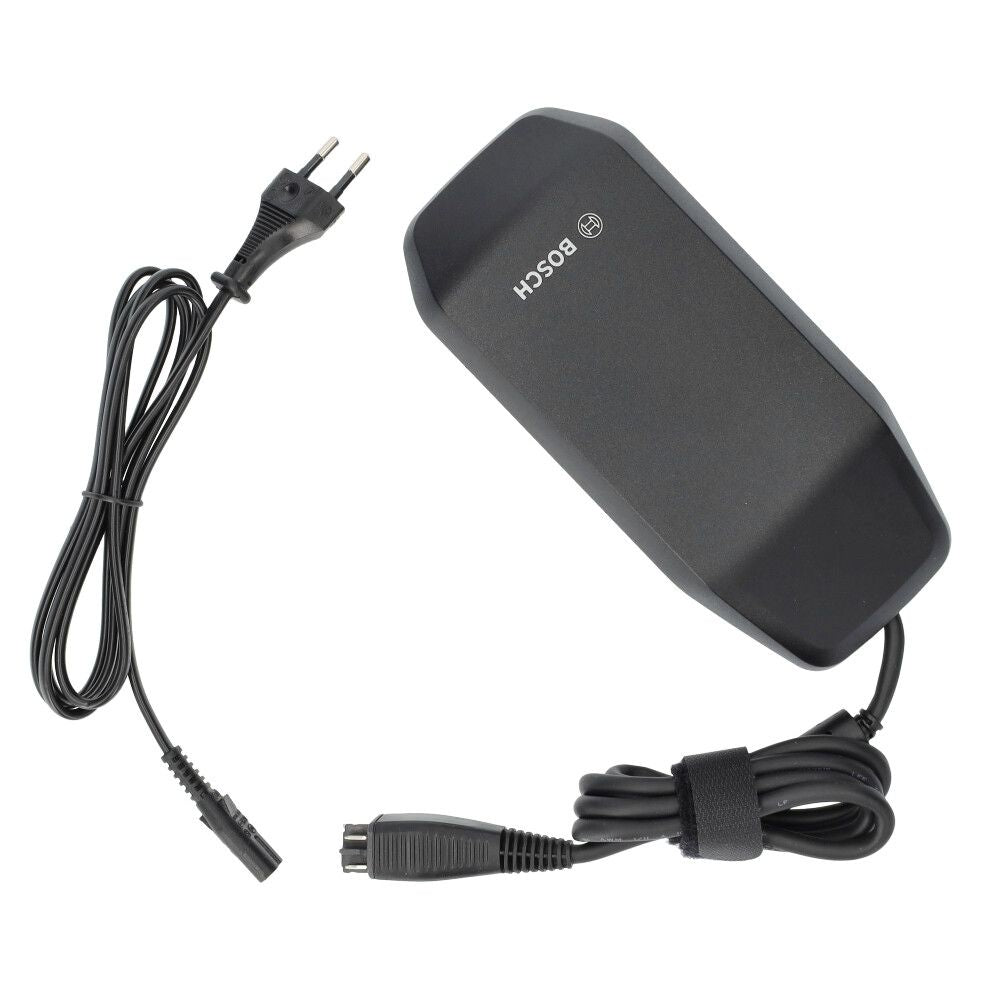 Bosch Lader 4A voor E-bike, 220-240V, model Bes3, wit en compact, aangesloten op oplader met kabel en connector.