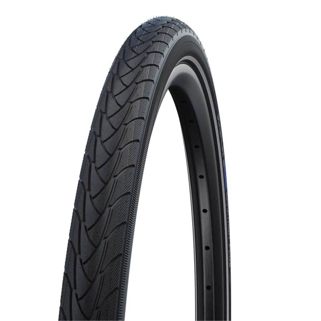 Zwarte Schwalbe 27,5" Marathon Plus SmartGuard stadsfiets buitenband met reflectieve rand en anti-lek technologie