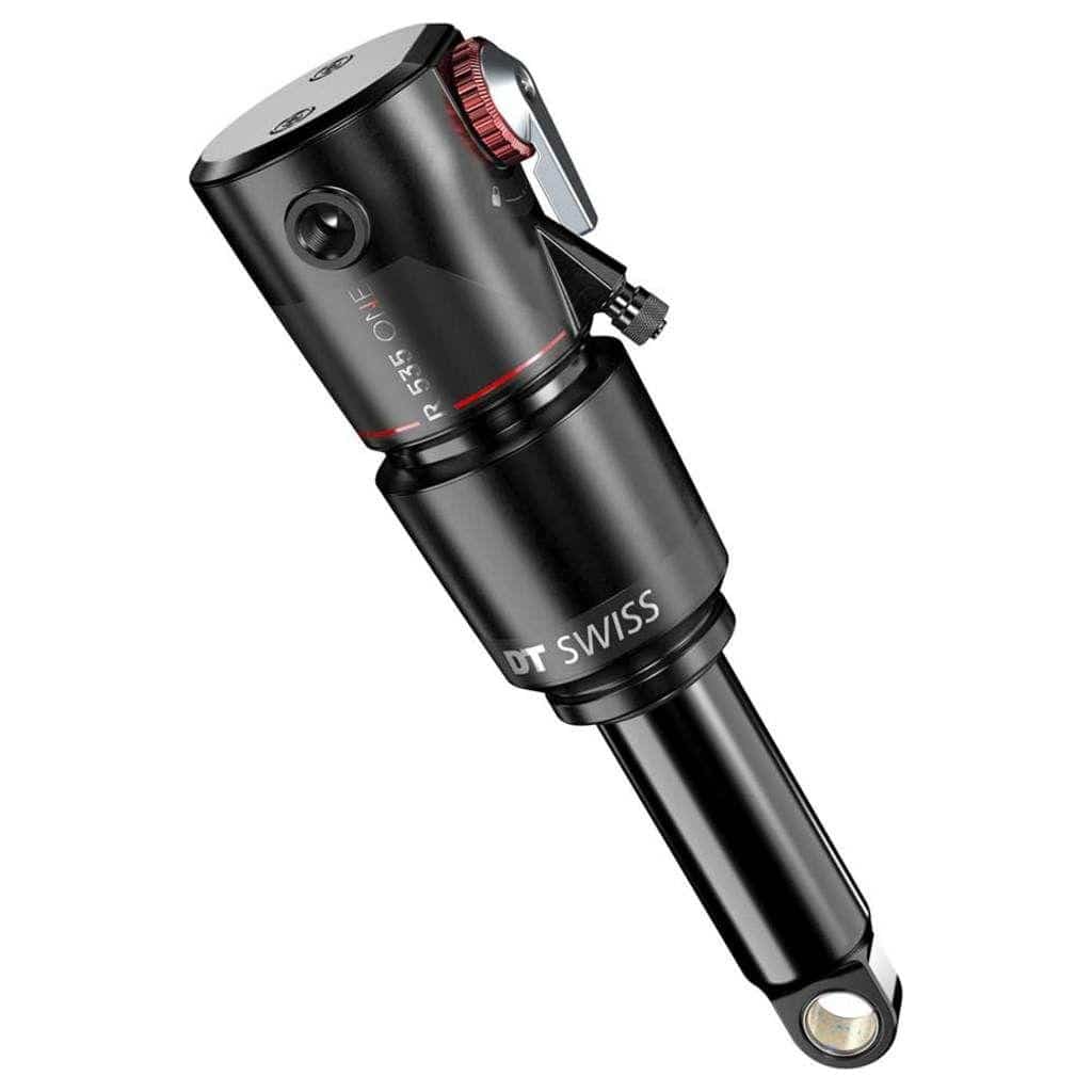 Zwarte DT Swiss R535 One In-Control schokbreker met 210x55mm dempingsysteem, geschikt voor mountainbikes en fietsen.