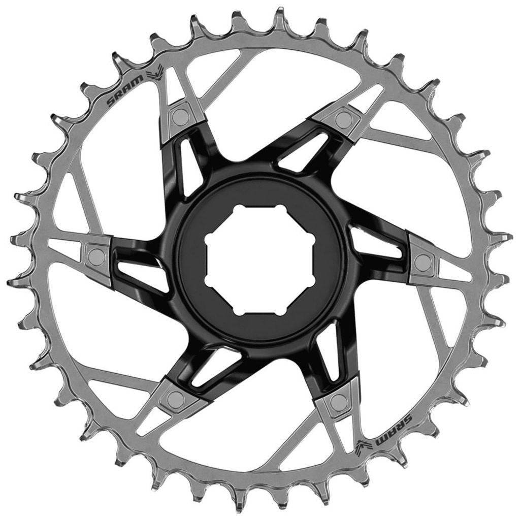 Zwart en zilveren Sram Xx Eagle T D1 kettingblad 12 snelheden, 36T, aluminium, voor Brose motor, op fiets gemonteerd