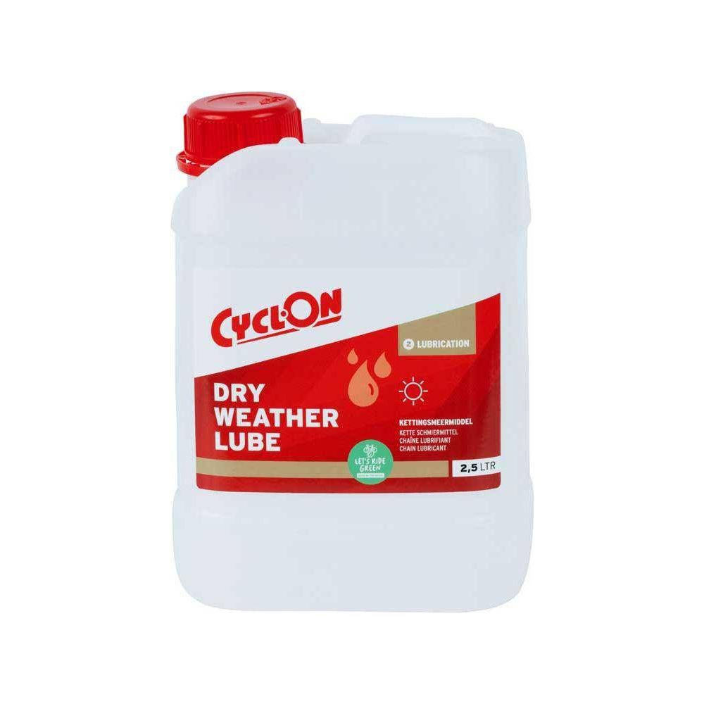 CyclOn Dry Weather kettingsmeermiddel in 2,5 liter container, ideaal voor droge weersomstandigheden, geschikt voor fietsen.