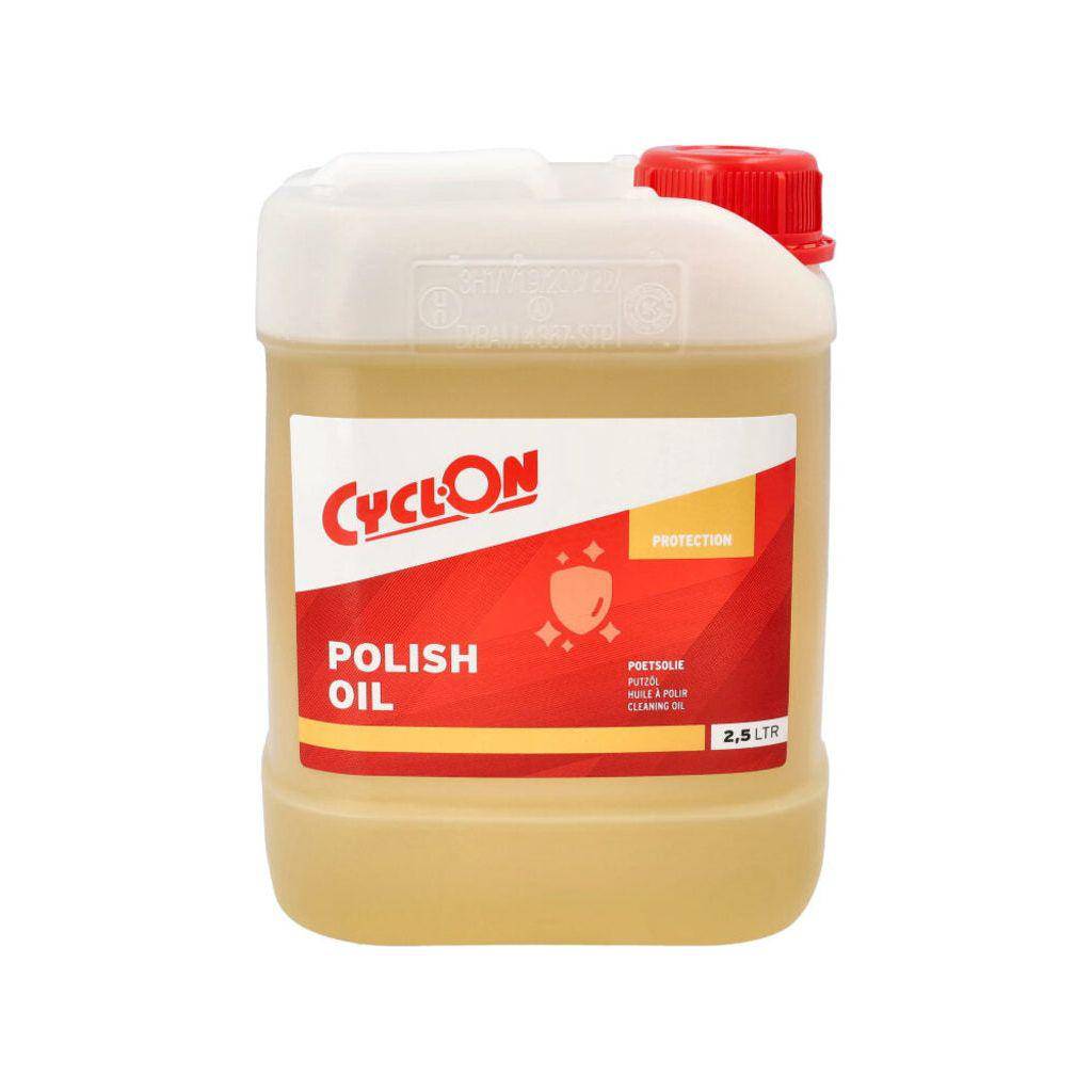 CyclOn Polish Oil 2,5 liter beschermingsmiddel voor poetsen en roestpreventie, zichtbaar in een open fles met olie