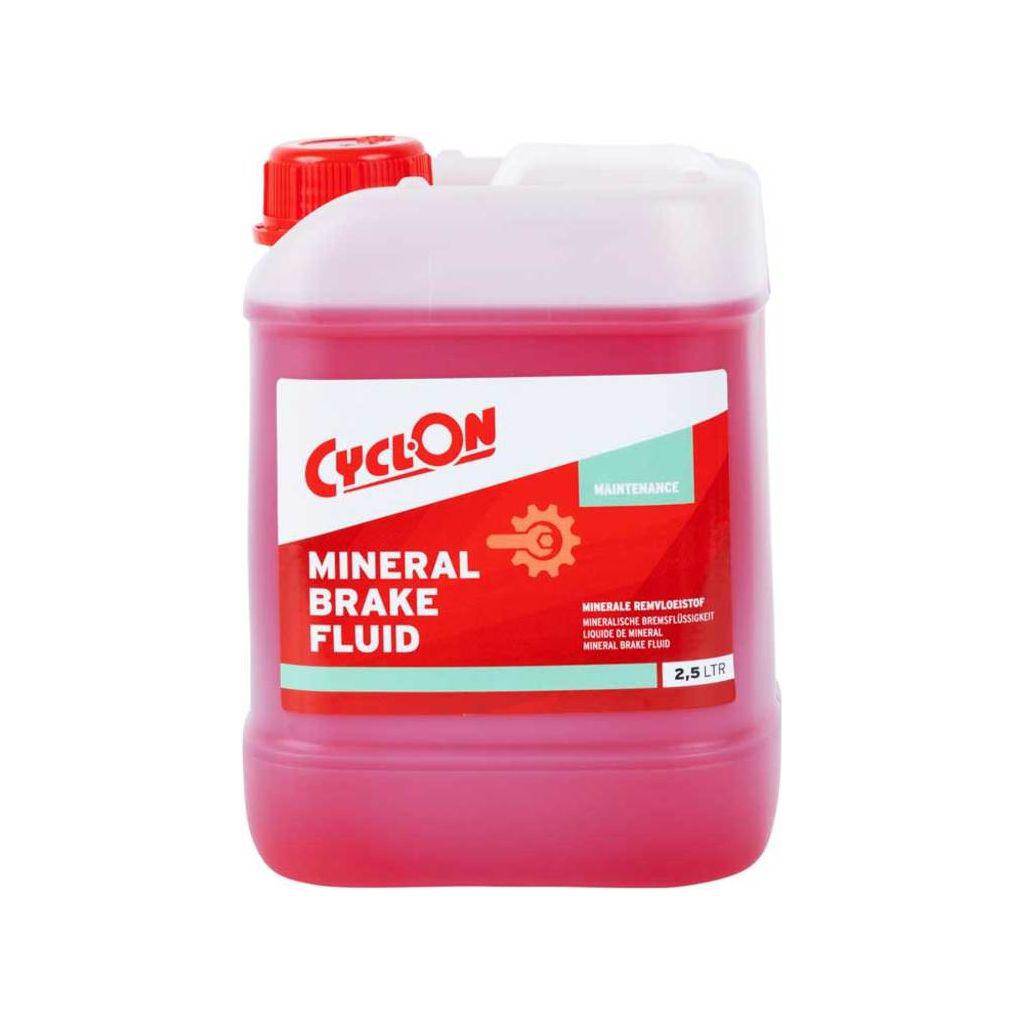 CyclOn remvloeistof mineral schijfremolie 2,5 liter, heldere container met vloeistof voor remsystemen