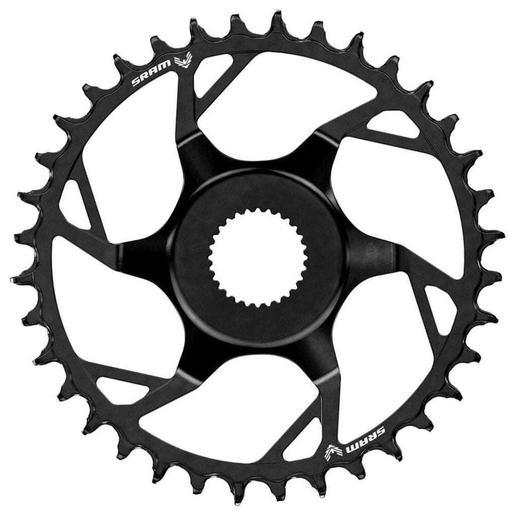 Zwart Sram Eagle T A1 12-speed kettingblad voor mountainbikes, close-up van de tandprofiel en montagegaten.