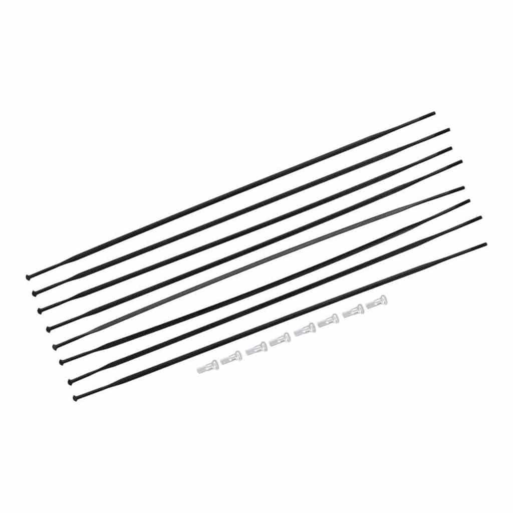 Set van 8 zwarte DT Swiss ARC1100 Dicut 50 DB 27.5" spaakkits voor voor- en achterwielen, geschikt voor racefietsen.