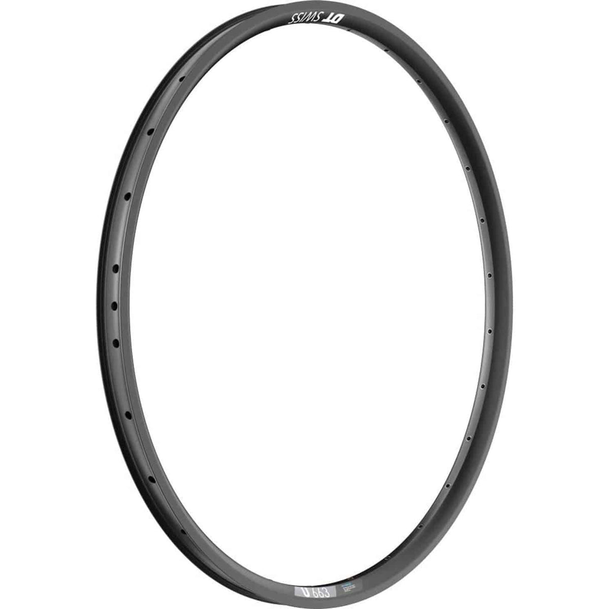 Zwarte 29-inch DT Swiss U533 aluminium velg met 32/14 gaats, 22mm breedte en disc compatibiliteit, zichtbaar vanaf de voorzijde