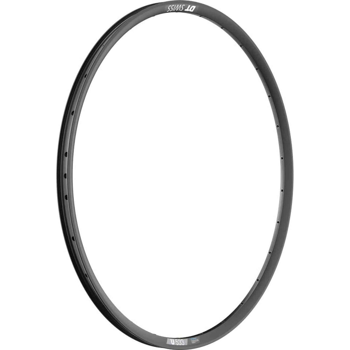 Zwarte 29-inch DT Swiss U663 aluminium velg met 30mm breedte en 32/14 gaats voor disc remmen, geschikt voor mountainbikes