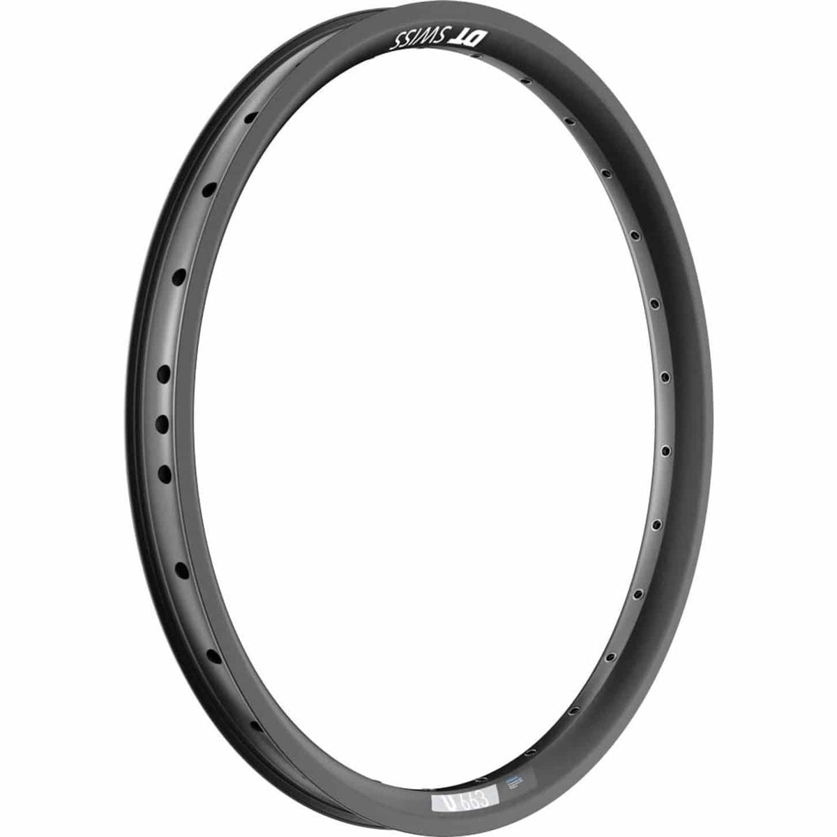 Zwarte 20-inch aluminium velg van DT Swiss U663 met 30mm breedte en 36/14 gaten, geschikt voor schijfremmen.