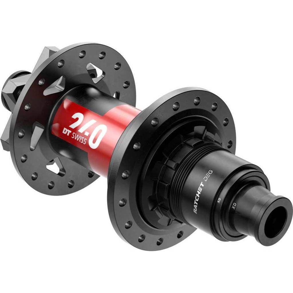 Achternaaf DT Swiss 240 XD 11/12V aluminium, zwarte disc IS, 28G, 148/12mm voor ATB fietsen, robuust en lichtgewicht.