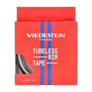 Zwarte Vredestein tubeless velglint van 10 meter, zichtbaar op de afbeelding, geschikt voor bandenmontage.