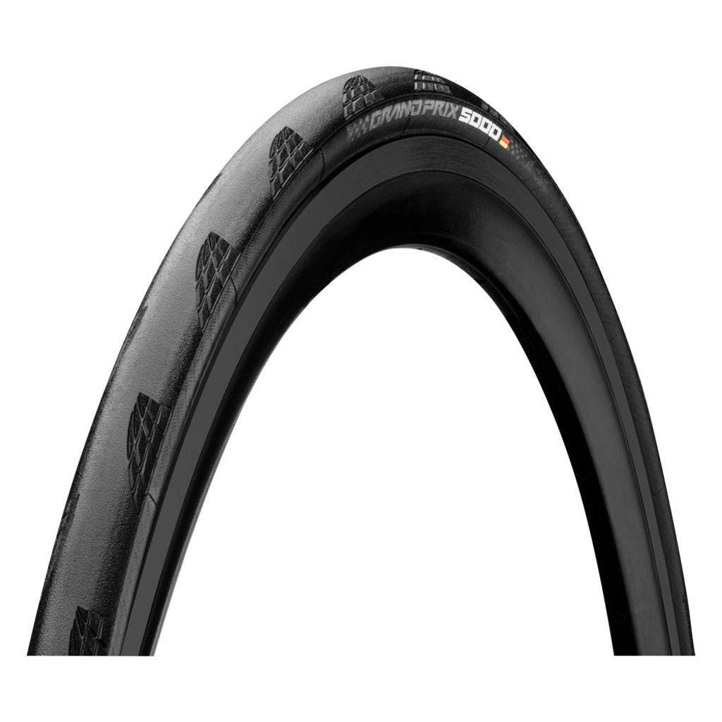 Zwarte 27,5-inch Continental Grand Prix 5000 Vouwband voor racefiets met Vectran Breaker, liggende band op asfalt.
