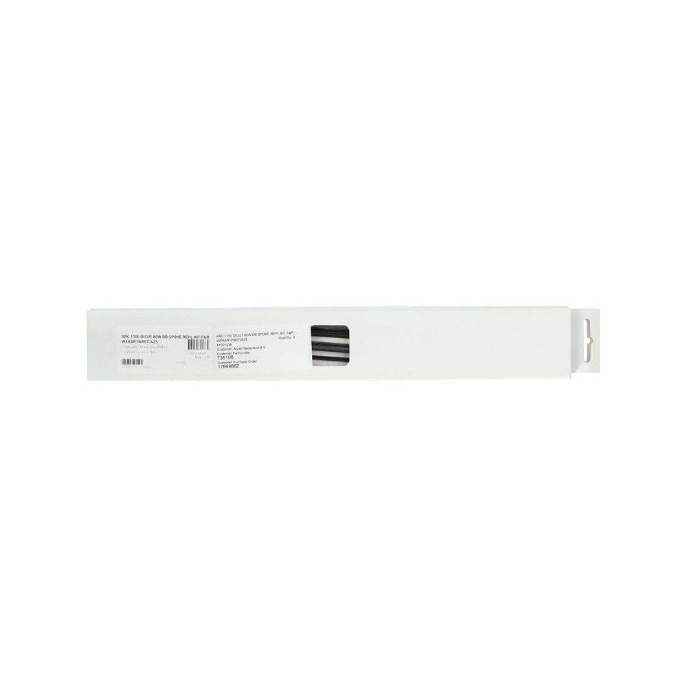 Zwarte set van 6 DT Swiss ARC1400 Dicut 80 Wide DB spaakkits voor voor- en achterwielen, inclusief 6 spaaks.