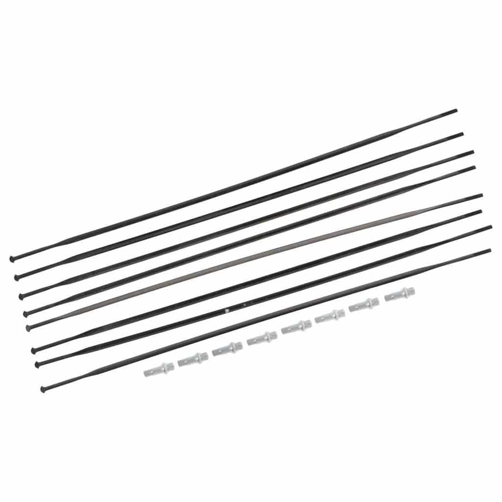 Zwart set van 8 DT Swiss ARC1100 Dicut 80 Wide DB spaaks voor voor- en achterwielen, zichtbaar in de afbeelding