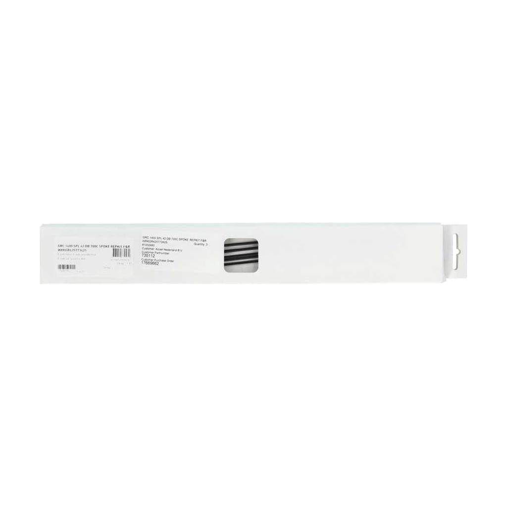 Zwart set van 6 DT Swiss GRC1400 Spline 42 DB 28-inch spaaksets voor voor- en achterwielen, inclusief spaakkits.