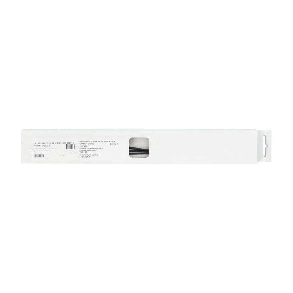 Set van zes zwart DT Swiss PR1400 Dicut 32 OXiC spaaksets voor voor- en achterwielen, zichtbaar in de afbeelding.