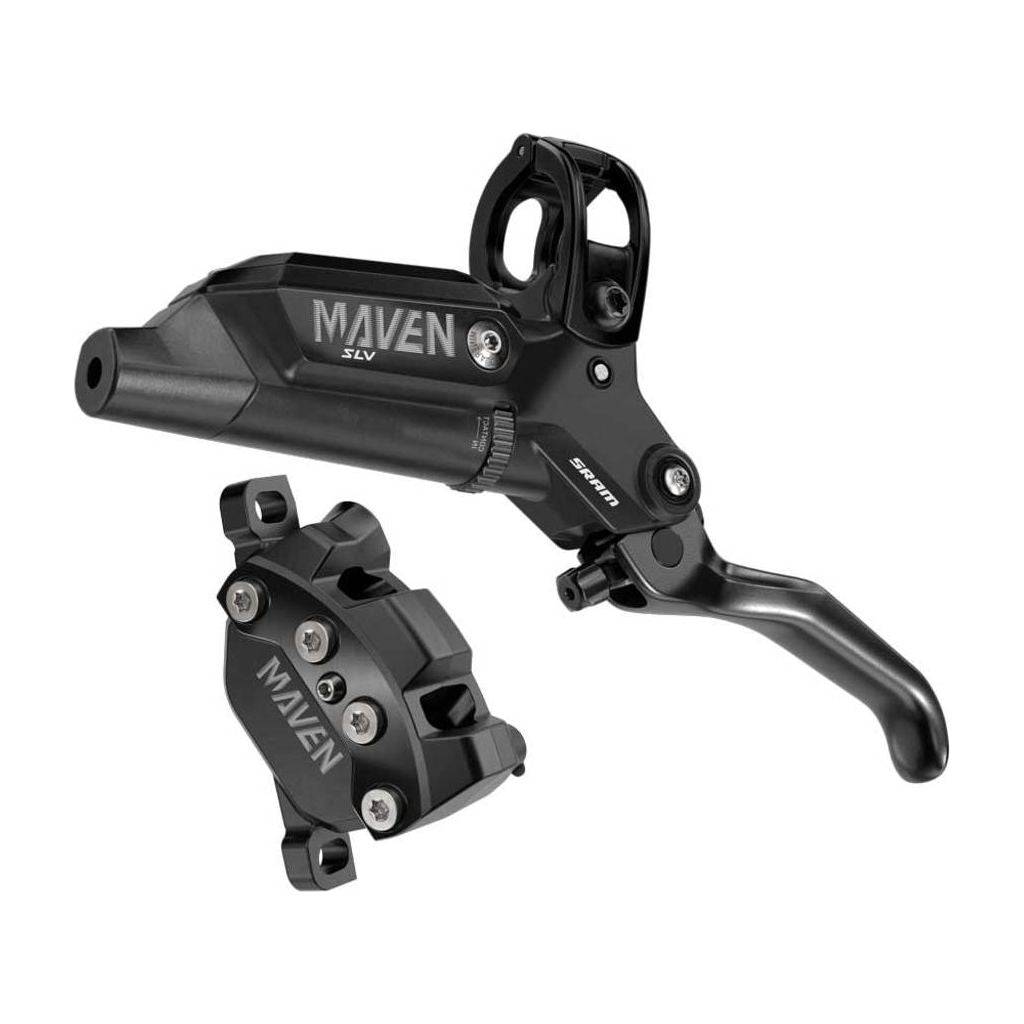 Zwarte Sram Rem Maven Silver A1 Db Dm schijfrem voor MTB, zichtbaar in close-up met remklauw en schijf.