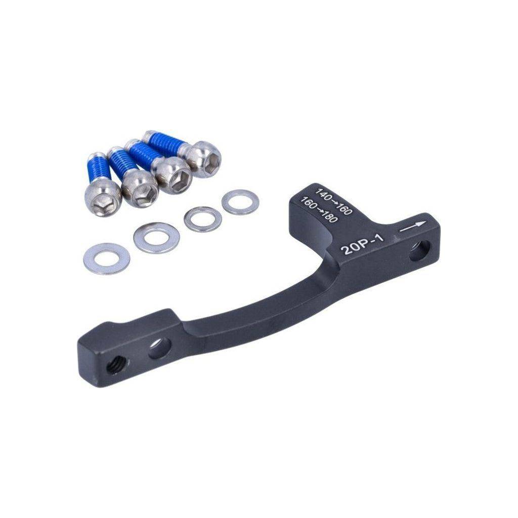 Zwarte SRAM remadapter voor 20P1 DB, geschikt voor 140-160mm en 160-180mm remmen, zichtbaar met montageonderdelen.