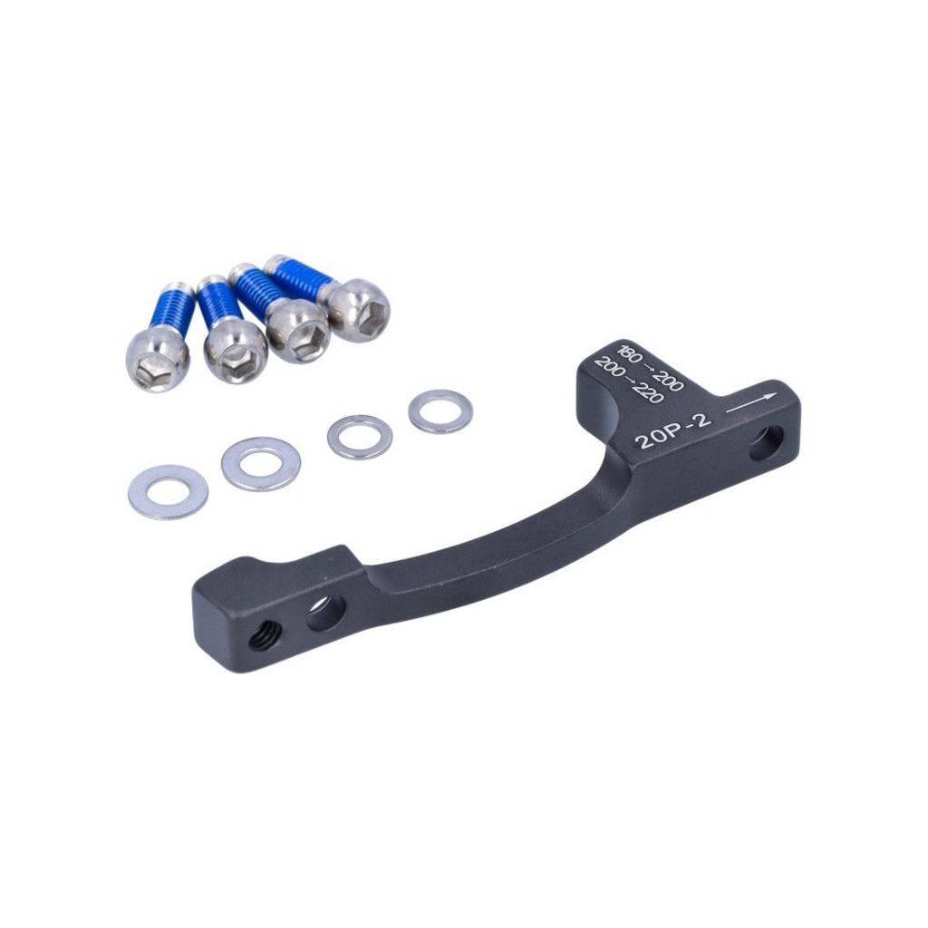 Zwarte Sram remadapter 20P2 DB voor 180-200/200-220 mm remmen, geschikt voor fietsremmen, close-up van de adapter.