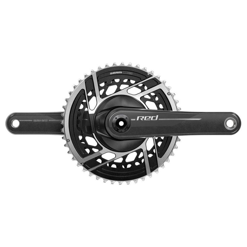 Sram Red E1 Dub 12V cranks voor racefiets met geïntegreerde powermeter, zwart met lichte details, zichtbaar op de afbeelding.
