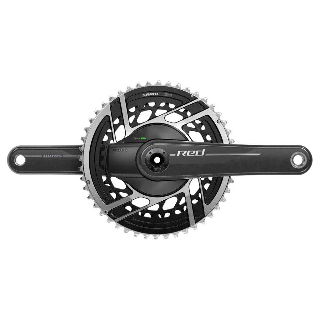 Sram Red Axs PM E1 DUB 12V racefietscrankstel met geïntegreerde powermeter, zwart met rode details en keramische lagers.