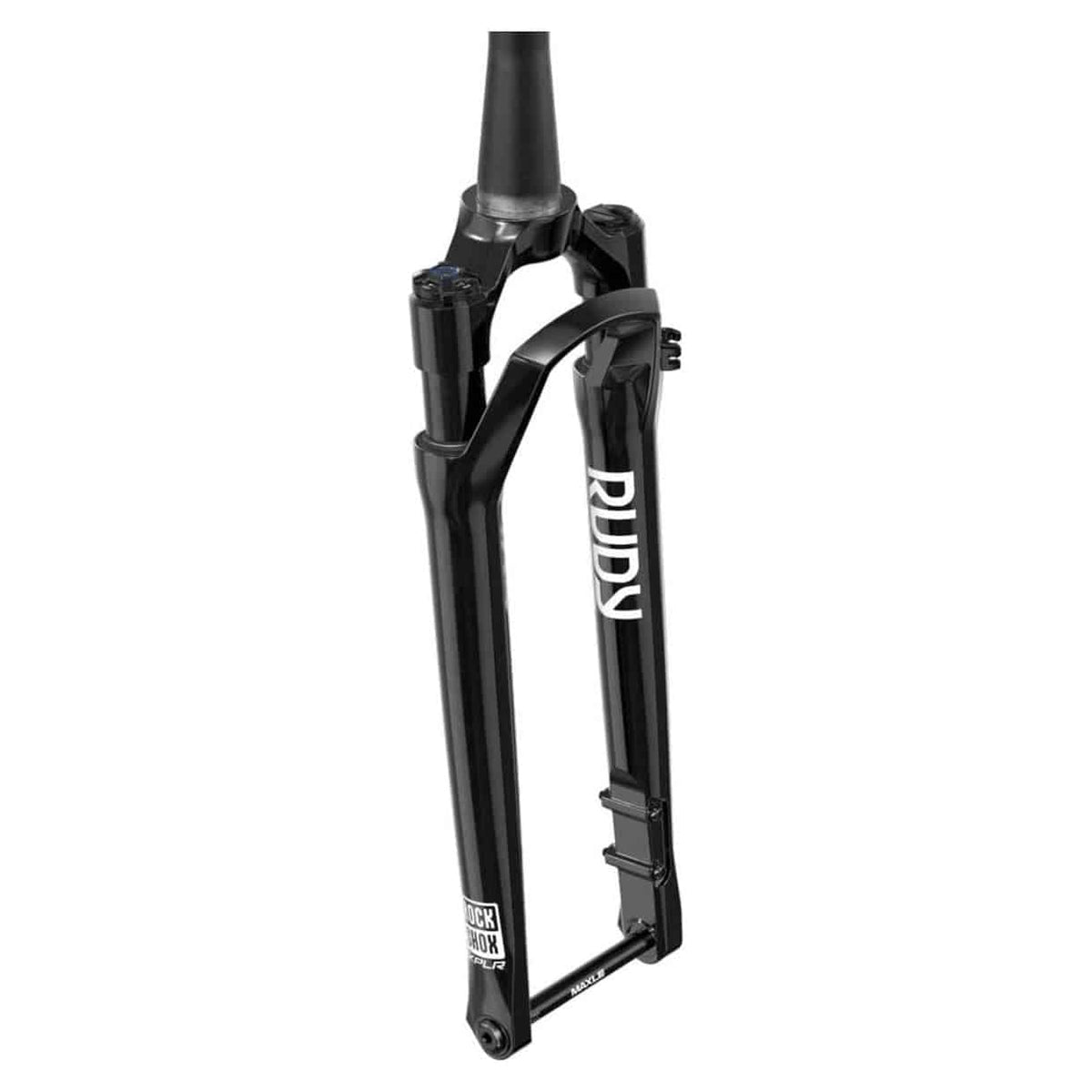 Zwarte RockShox MTB voorvork 28 11/8-11/2 Rudy Urd2 Db 40 100/12 met vering en schokdemper, zichtbaar van voren.