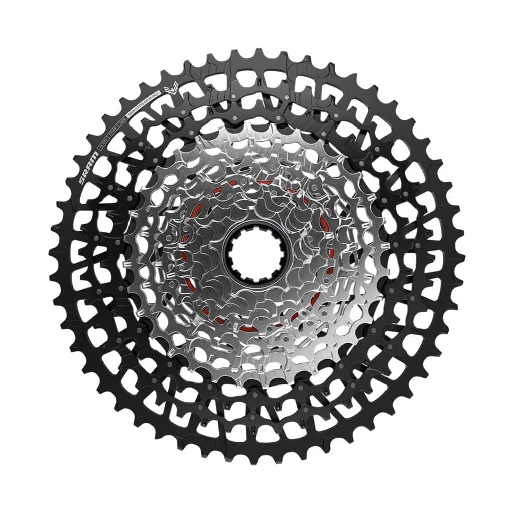 Zwarte Sram XS1275 T A1 XD 12-speed cassette met 10-52 tanden, geschikt voor mountainbikes en racefietsen.