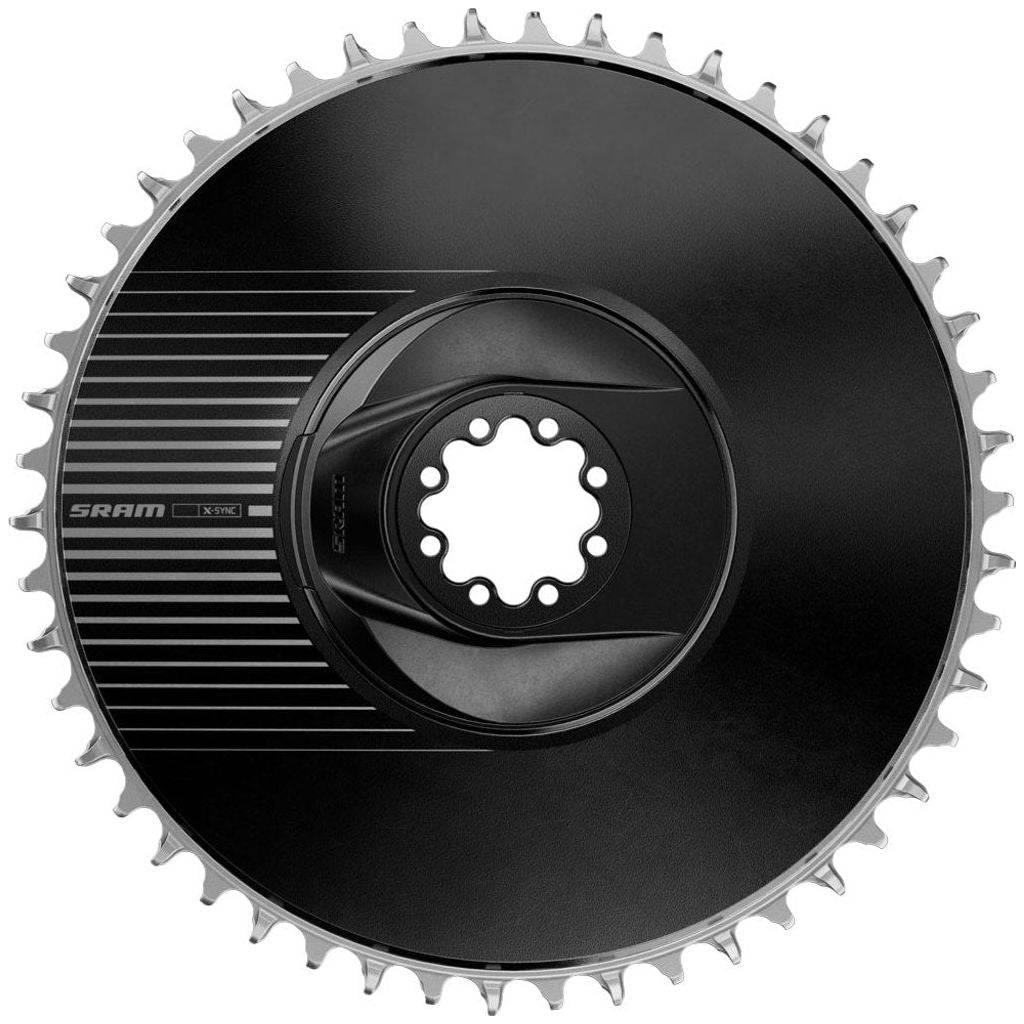 Sram Kettingblad Red E1 Aero DM Alm zwart en zilver voor 12-speed fietstransmissie, met aerodynamisch ontwerp.