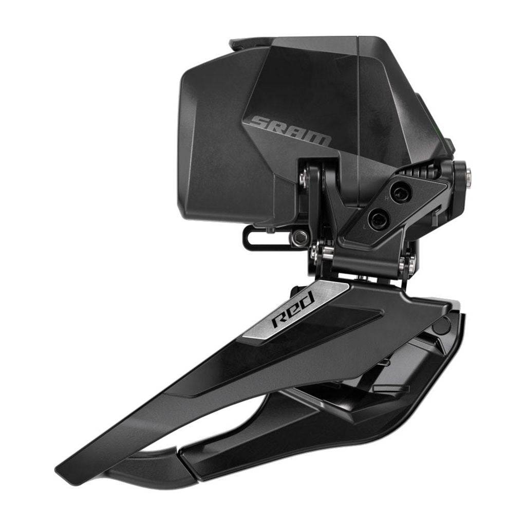 Zwarte Sram Red AXS E1 12V voorderailleur met carbon behuizing voor high-performance racefietsen.