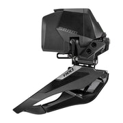 Zwarte Sram Red AXS E1 12V voorderailleur met carbon behuizing voor high-performance racefietsen.