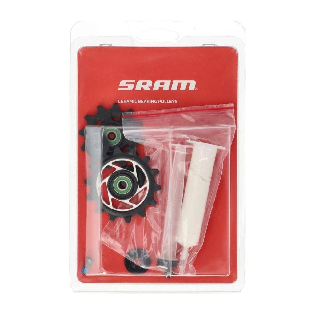 Sram Derad wielset Red AXS E1 Cer 12V derailleurwieltjes met zwarte en zilveren onderdelen, zichtbaar op de afbeelding.