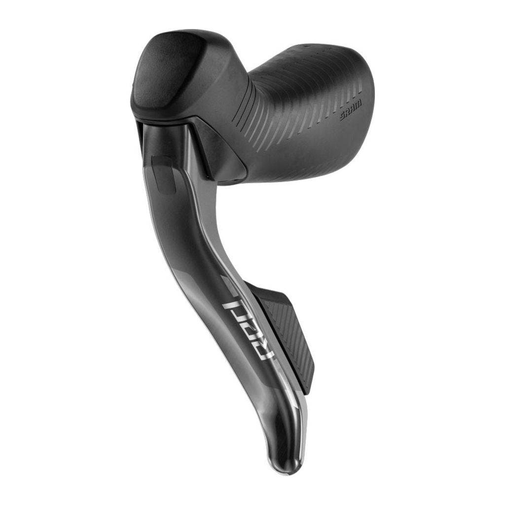 Zwarte SRAM Red AXS E1 12/13 hydraulische shifters met carbon handgrepen voor racefiets, zichtbaar met bedieningsknoppen